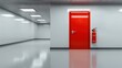 © pattaphorn - Bright Red Door in Modern Hallway with Fire Extinguisher, Clean White Walls, Reflective Floor, and Contemporary Ceiling Design Ideal for Safety and Architecture Concepts