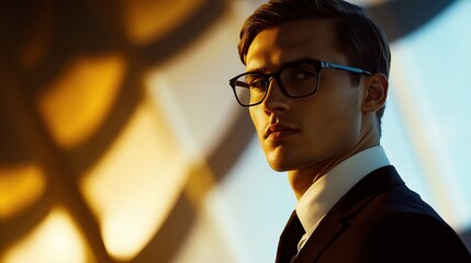 Wall Mural - Young Businessman in Stylish Suit with Glasses in Elegant Setting