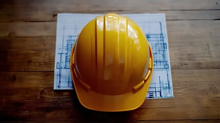 Poster - Yellow Construction Helmet on Blueprint Background with Wood