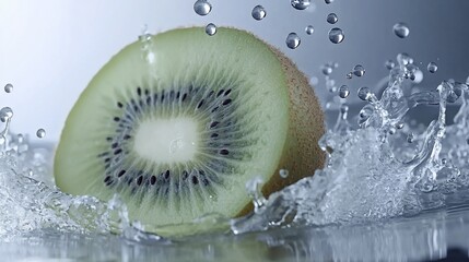 Wall Mural - A sliced kiwi splashes into water, showcasing its vibrant colors and refreshing nature.