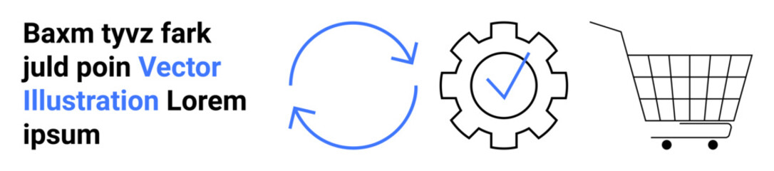 Text on left side, two circular arrows, gear with checkmark, and shopping cart icon. Ideal for tech, e-commerce, business, product updates, settings, user interface design, automation. Banner