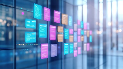 Aufkleber - Digital Innovation:  A futuristic wall displays vibrant, glowing digital sticky notes, symbolizing innovative ideas and collaborative workflows in a modern office setting.
