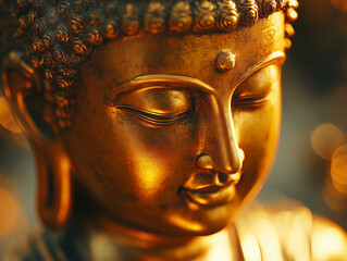 Wall Mural - A gold statue of a Buddha with a serene expression