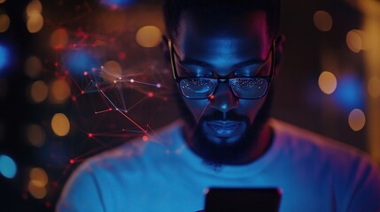 Poster - Man Using Smartphone with Global Network Connection at Night