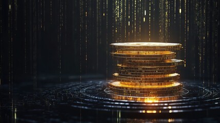 Poster - 3D Render of Floating Coins in Digital Financial Concept Environment