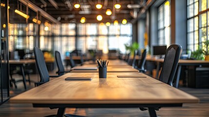 Poster - Modern business office open space with wooden table, bokeh background