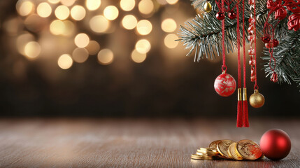 Aufkleber - festive close up of Christmas decorations featuring decorated tree, red ornaments, and gold coins, creating warm and joyful holiday atmosphere