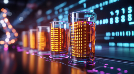 Fototapete - close up shot of laboratory glassware filled with vibrant orange liquid, showcasing digital data patterns in background. scene conveys sense of innovation and technology