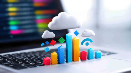 Aufkleber - cloud based productivity app displaying colorful data visualizations on laptop. vibrant charts and graphs represent incremental updates and analytics