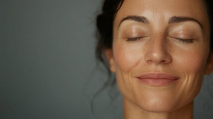 Wall Mural - Smile, eyes closed and skincare of mature woman in studio for glow, results or beauty on gray background