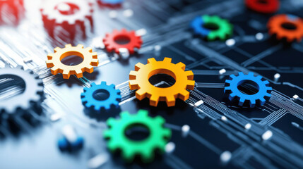Poster - Colorful gears on circuit board represent technology and innovation, showcasing blend of mechanical and digital elements in modern design