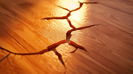 Poster - Cracked wooden floor with sunlight highlighting defects, showcasing texture and detail of wood. image captures beauty and imperfection of natural materials