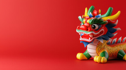 Poster - vibrant Chinese New Year dragon mask with colorful details, showcasing intricate designs and fierce expression against bright red background
