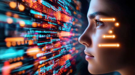 Aufkleber - digital face recognition system powered by AI analyzes facial features, showcasing advanced technology and data visualization. image highlights innovation and futuristic design