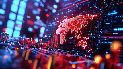 Poster - digital world map with AI analytics displayed in vibrant red and blue colors, showcasing data visualization and technology integration