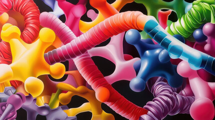 Poster - vibrant artistic depiction of colorful genes and molecular structures, showcasing complexity of genetic material and its potential to unlock new possibilities in science and medicine