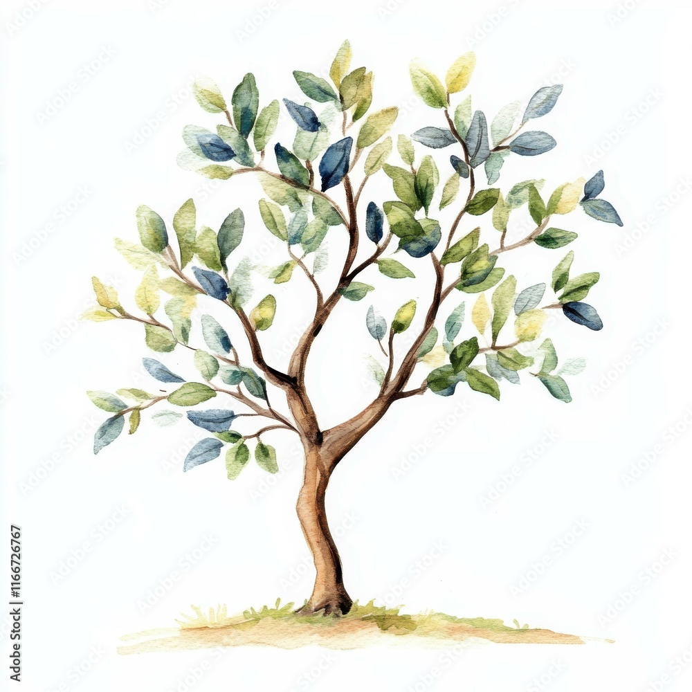 watercolor tree with leaves on white background Stock Illustration ...
