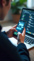 Poster - Businessman using smartphone and laptop for online communication