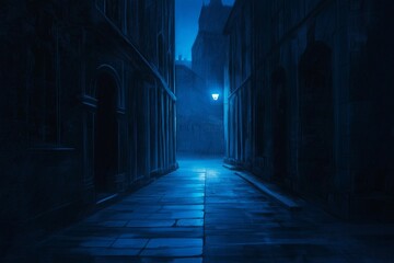 Poster - A deserted alleyway, painted in dark shadows and streaks of eerie, glowing blues