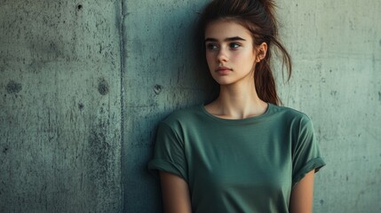 Wall Mural - Stylish young female model stands confidently in a plain green tee before a concrete backdrop