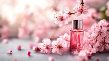 Wall Mural - Pink perfume bottle with cherry blossoms.