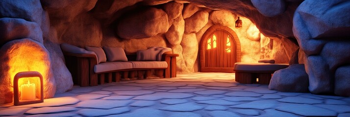 Wall Mural - 2d cartoon stone living room, cave interior, well lit, prehistoric interior design