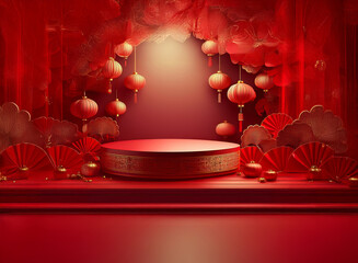 Wall Mural - Elegant red stage with circular platform, adorned with hanging lanterns, paper fans, and clouds; perfect for product display or festive celebration.