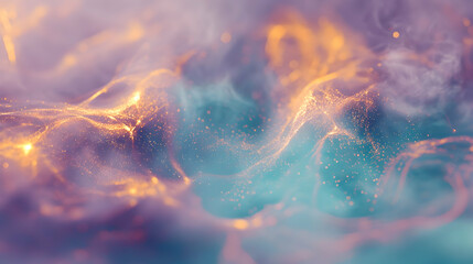 Wall Mural - abstract bokeh lights indoors with a mix of golden and teal hues, faint glow particle effect enhanci
