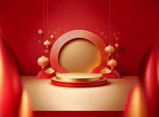 Canvas Print - Elegant gold and red podium, perfect for product display.  Surrounded by festive Asian-inspired decorations, including lanterns and fans, creating a luxurious, celebratory ambiance.