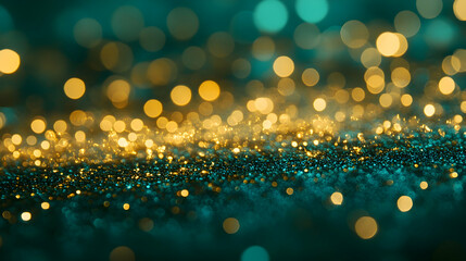 Dreamlike bokeh background indoors with shimmering gold and icy blue tones, glowing softly over a rich green gradient