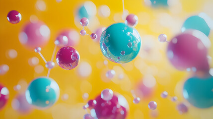 Wall Mural - Floating particles enhancing vibrant teal and magenta bokeh indoors against a soft matte golden-yellow background