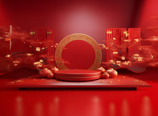 Red and gold festive scene with a circular podium, ornate panels, and swirling decorations.  Perfect for product display or holiday celebration.