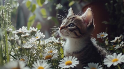 Wall Mural - Kitten in flower field