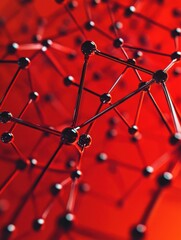 Poster - Abstract connected dots on bright red background. Technology concept