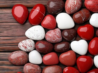 Wall Mural - A pile of red and white hearts on a wooden surface