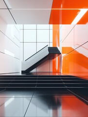 Poster - Sideview of futuristic room with stairs, black floor, orange and white walls. 3D Rendering