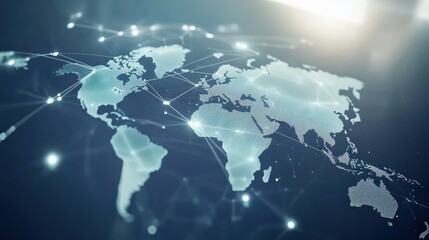 Poster - light blue background with a digital world map and global network connections, representing the concept of international business or connectivity