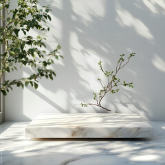 Aufkleber - white marble table with tree shadow bokeh on concrete wall background for product presentation- Wooden podium with green leaf