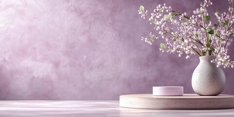 Aufkleber - A sleek pastel lavender podium with rounded edges, and minimal decor, create a soft serene atmosphere, with ample space for text on the right side