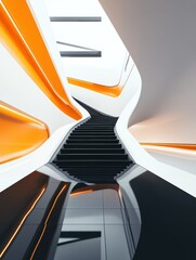 Poster - Sideview of futuristic room with stairs, black floor, orange and white walls. 3D Rendering