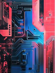 Poster - A colorful image of a circuit board with a red and blue background