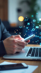 Poster - Businessman using smartphone with digital icons hovering above
