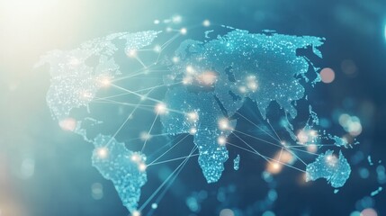 Poster - light blue background with a digital world map and global network connections, representing the concept of international business or connectivity