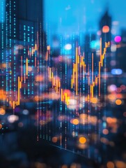 Aufkleber - Creative glowing big data forex candlestick chart on blurry city background. Trade, technology, investment and analysis concept. Double exposure