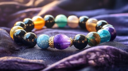 Wall Mural - Colorful Gemstone Bracelet Displayed on Luxurious Purple Fabric