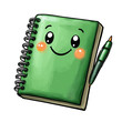 © fangphotolia - Happy Green Notebook: A cheerful illustration of a spiral notebook with a smiling face and a pen. Perfect for back to school, education, and stationery themes.