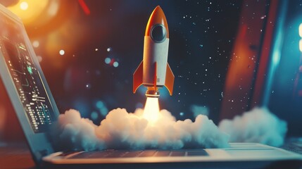 Poster - Rocket launching from a laptop screen, symbolizing innovation and creativity, set against a dynamic background.