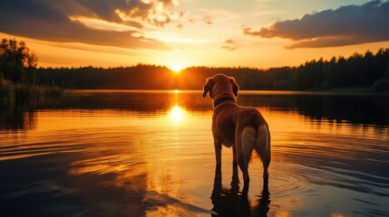 Wall Mural - Dog standing in a tranquil lake at sunset gazing towards its owner amidst a serene natural landscape