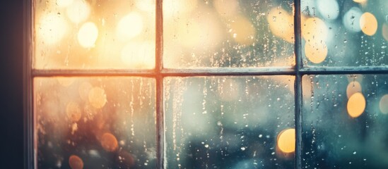 Poster - Vintage window with dreamy soft bokeh and rain droplets creating a serene background perfect for various design applications.