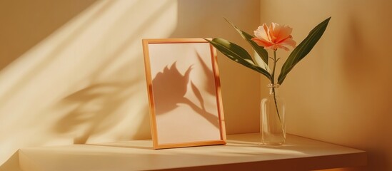 Poster - Minimalist picture frame and flower vase casting geometric shadows on beige table creating serene interior design ambiance.
